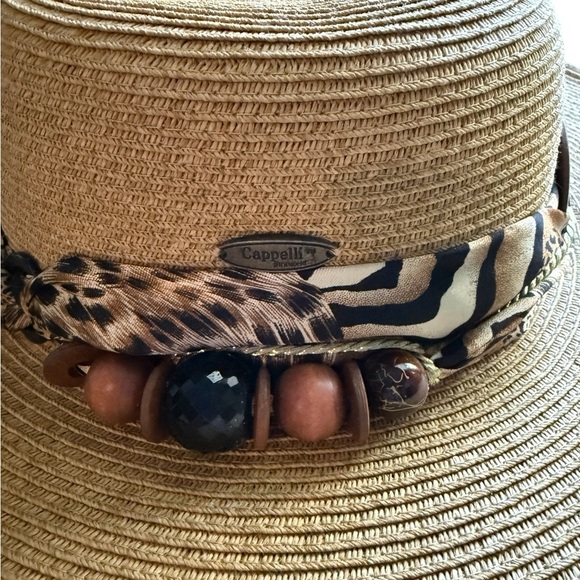 Cappelli Straworld Wide Brim Animal Print Scarf Beaded Sun Hat One Size - Picture 2 of 12